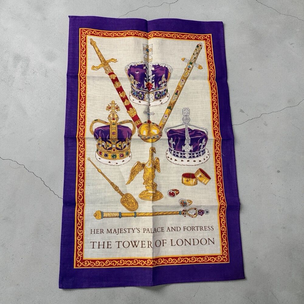 Vintage Tower of London Royal Regalia Linen Tea Towel Crown Scepter UK Souvenir